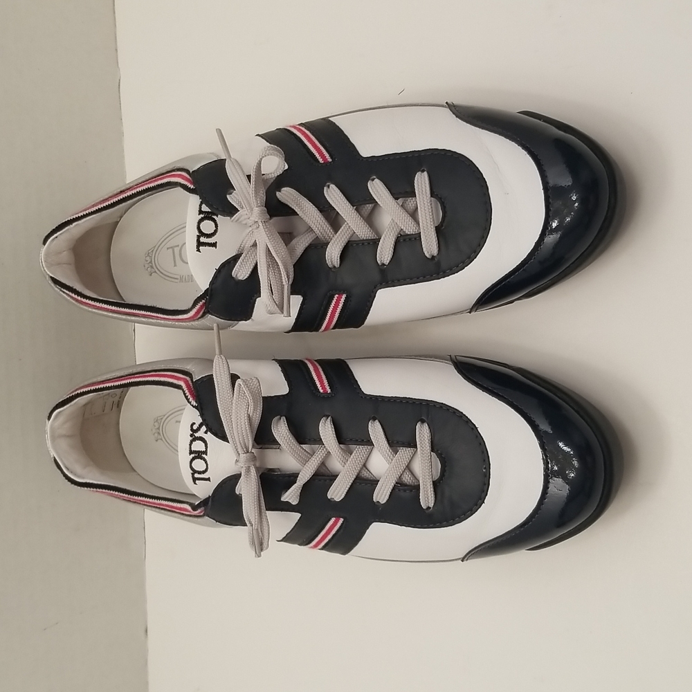 Tod's Women's Driving Sneaker in White Blue and Red